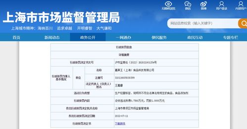 上海市奉贤区市场监督管理局关于嘉草王 上海 食品科技有限公司的行政处罚信息